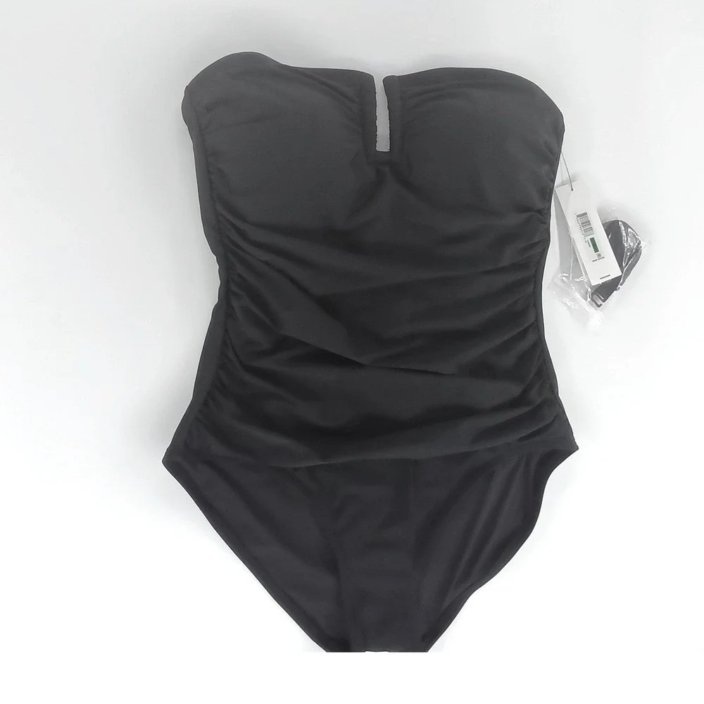 DKNY Black Bandeau One Piece Swimsuit Ruched U-Bar DI4MS605 Mens L - Picture 2 of 9
